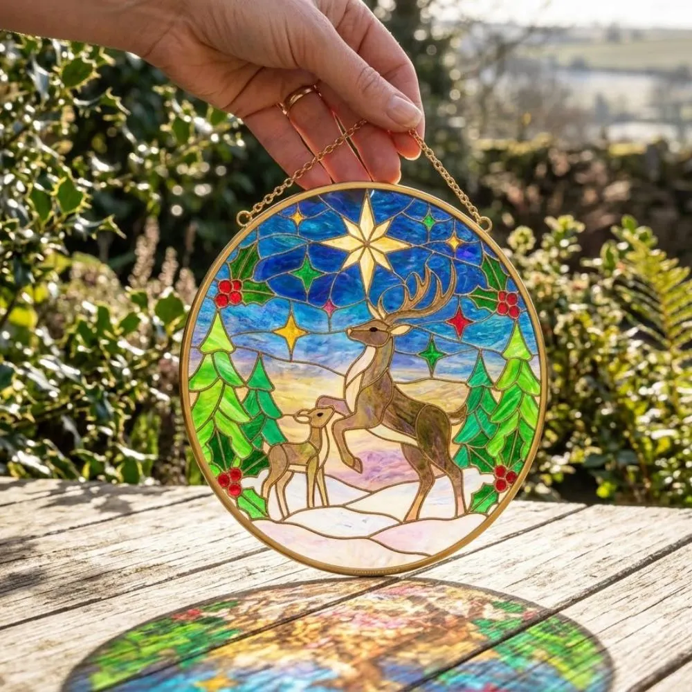 Christmas Reindeer Stained Glass Suncatcher, Winter Forest Window Hanging Art, Starlit Deer Family Decor, Holiday Gift YB1603 - Media 4