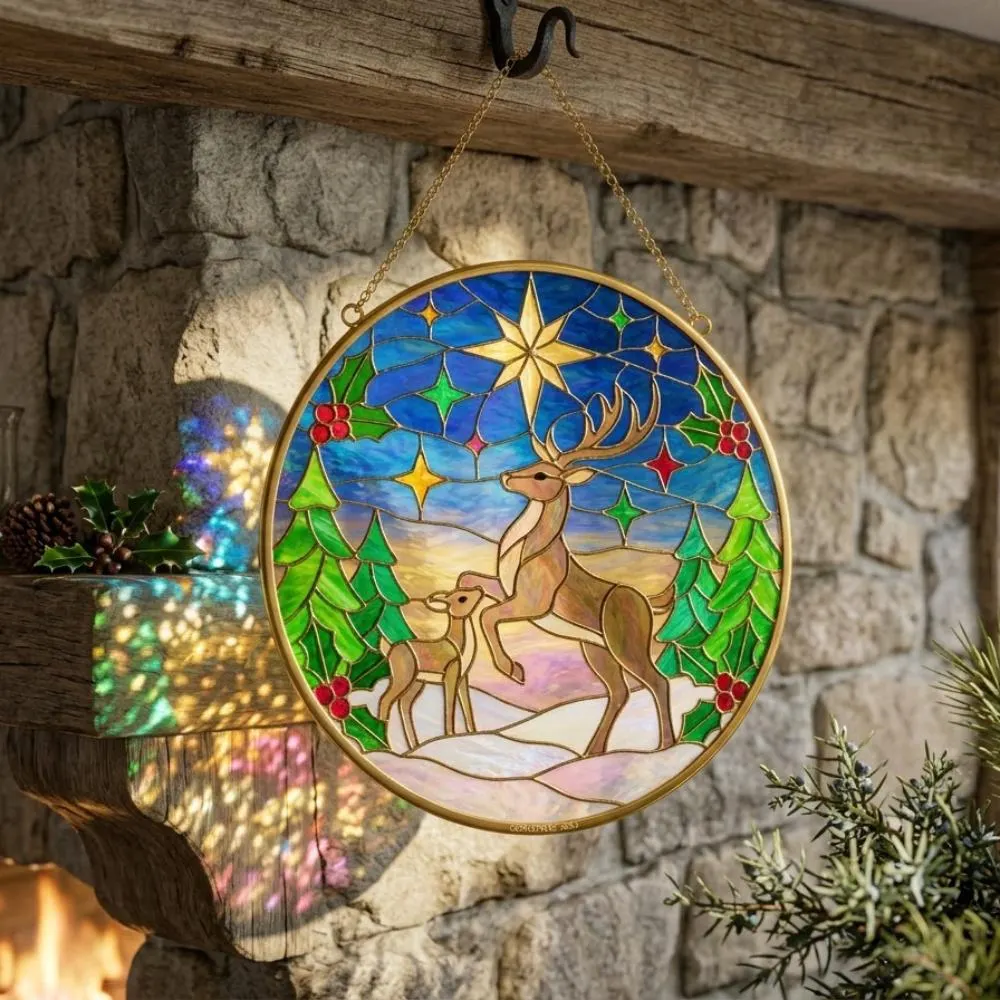 Christmas Reindeer Stained Glass Suncatcher, Winter Forest Window Hanging Art, Starlit Deer Family Decor, Holiday Gift YB1603 - Media 5