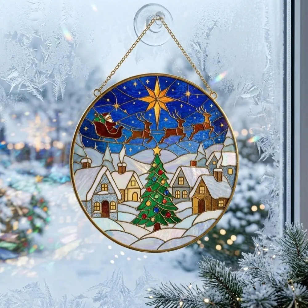 Christmas Stained Glass Suncatcher, Santa Sleigh Reindeer Window Hanging, Winter Village Holiday Decor, Iridescent Christmas Gift YB1603