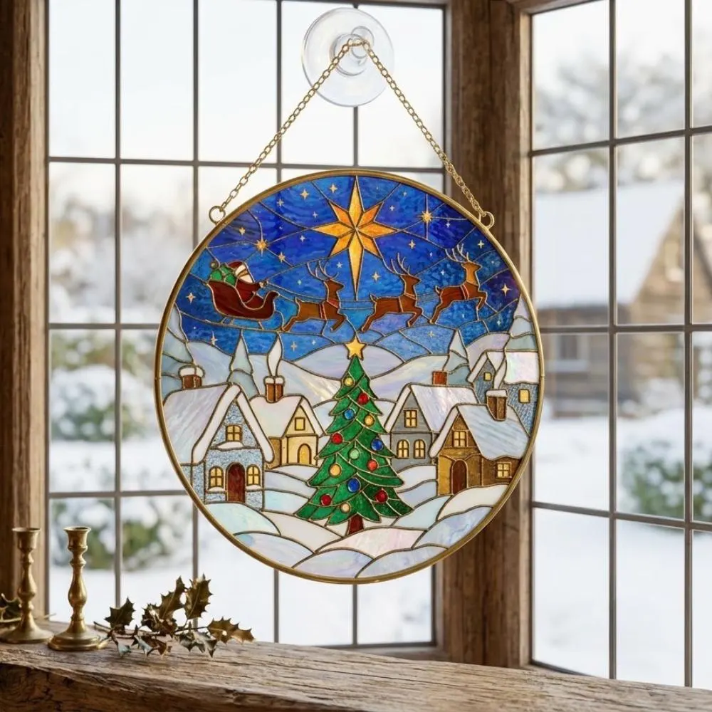 Christmas Stained Glass Suncatcher, Santa Sleigh Reindeer Window Hanging, Winter Village Holiday Decor, Iridescent Christmas Gift YB1603 - Media 2