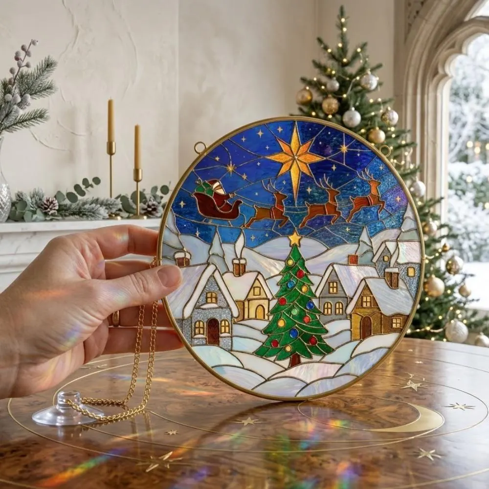Christmas Stained Glass Suncatcher, Santa Sleigh Reindeer Window Hanging, Winter Village Holiday Decor, Iridescent Christmas Gift YB1603 - Media 3