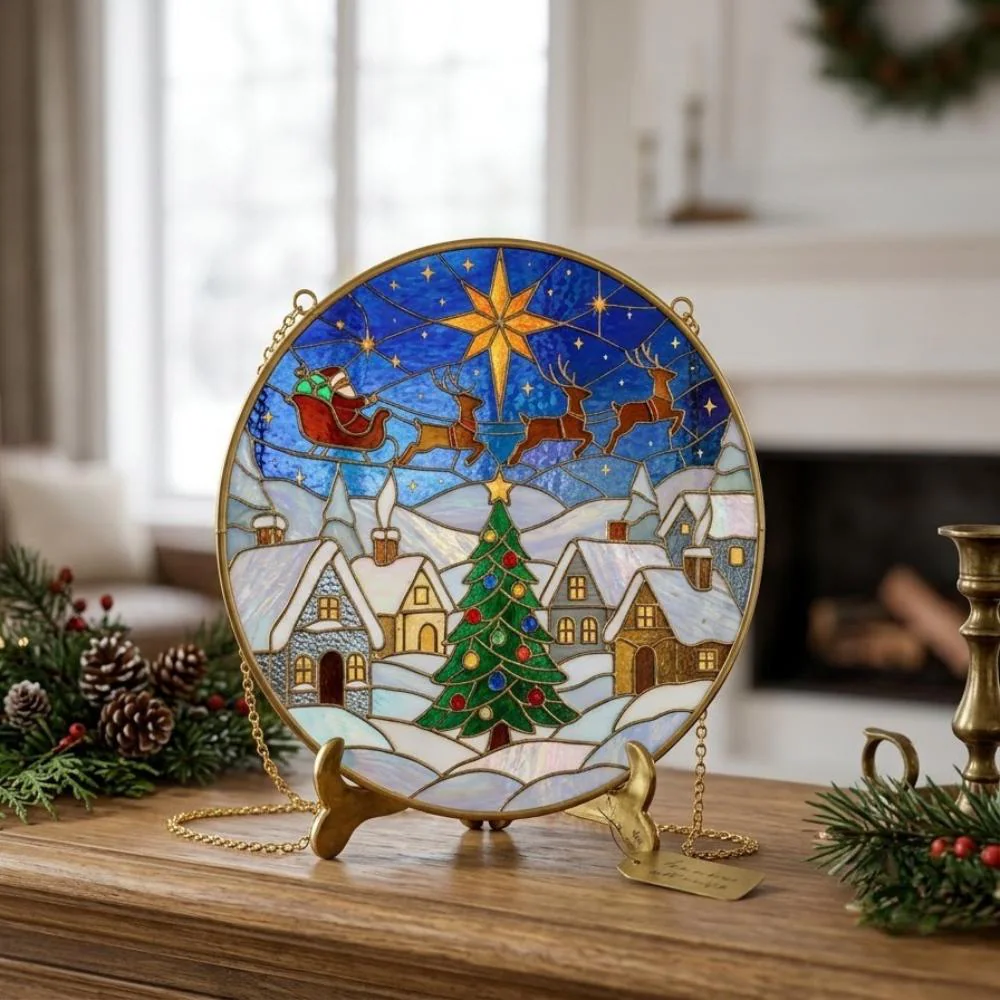 Christmas Stained Glass Suncatcher, Santa Sleigh Reindeer Window Hanging, Winter Village Holiday Decor, Iridescent Christmas Gift YB1603 - Media 4