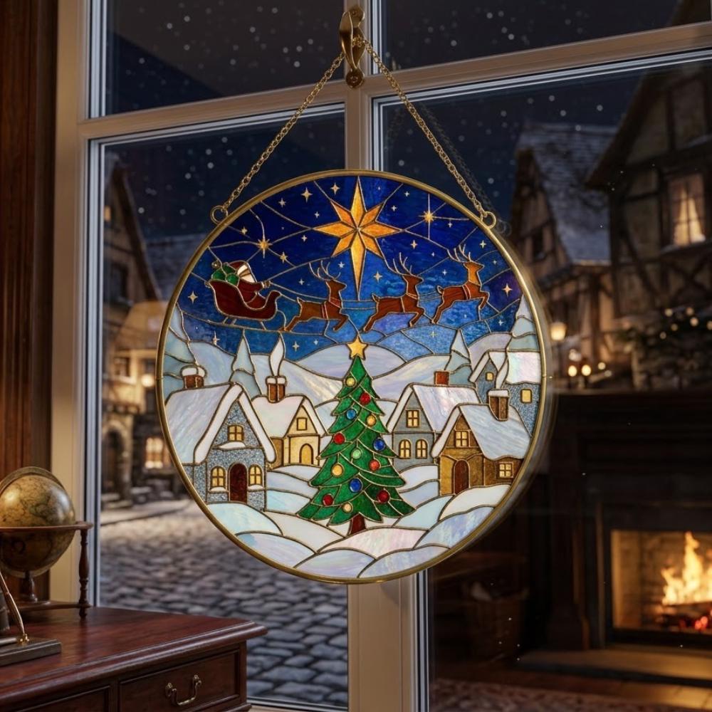 Christmas Stained Glass Suncatcher, Santa Sleigh Reindeer Window Hanging, Winter Village Holiday Decor, Iridescent Christmas Gift YB1603 - Media 5