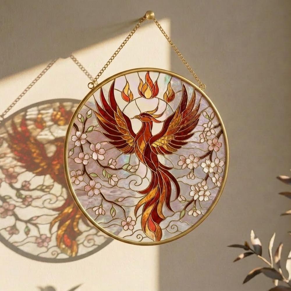 Phoenix Stained Glass Suncatcher, Cherry Blossom Firebird Window Hanging Art, Rebirth and Renewal Gift, Ornate Bird Decor for Home YB1603