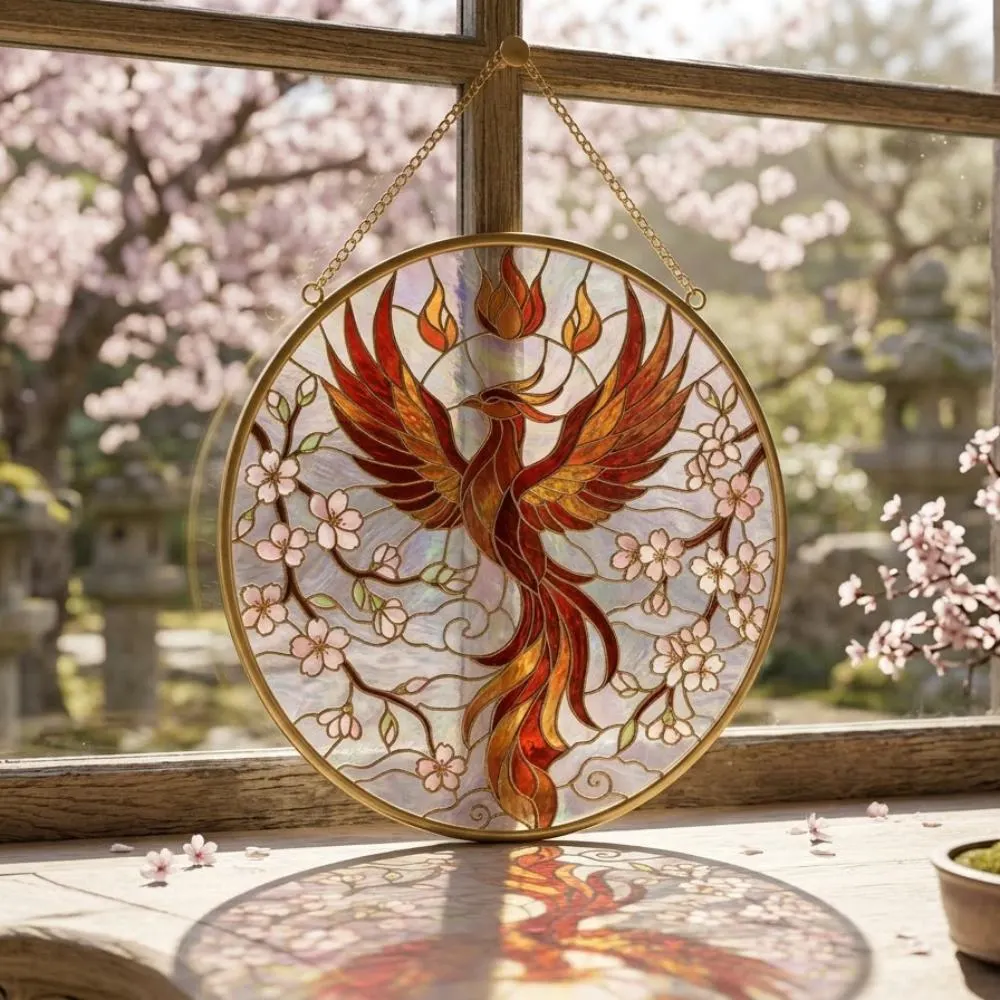 Phoenix Stained Glass Suncatcher, Cherry Blossom Firebird Window Hanging Art, Rebirth and Renewal Gift, Ornate Bird Decor for Home YB1603 - Media 2