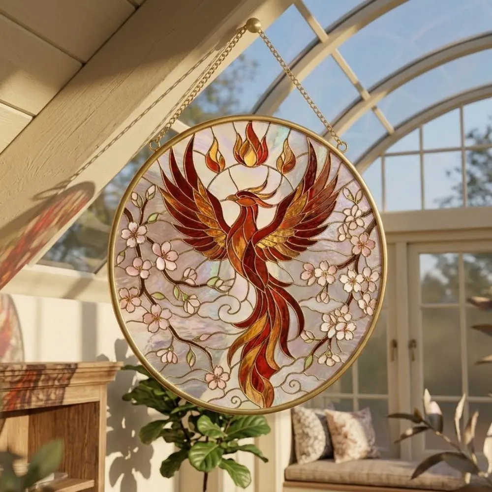 Phoenix Stained Glass Suncatcher, Cherry Blossom Firebird Window Hanging Art, Rebirth and Renewal Gift, Ornate Bird Decor for Home YB1603 - Media 3