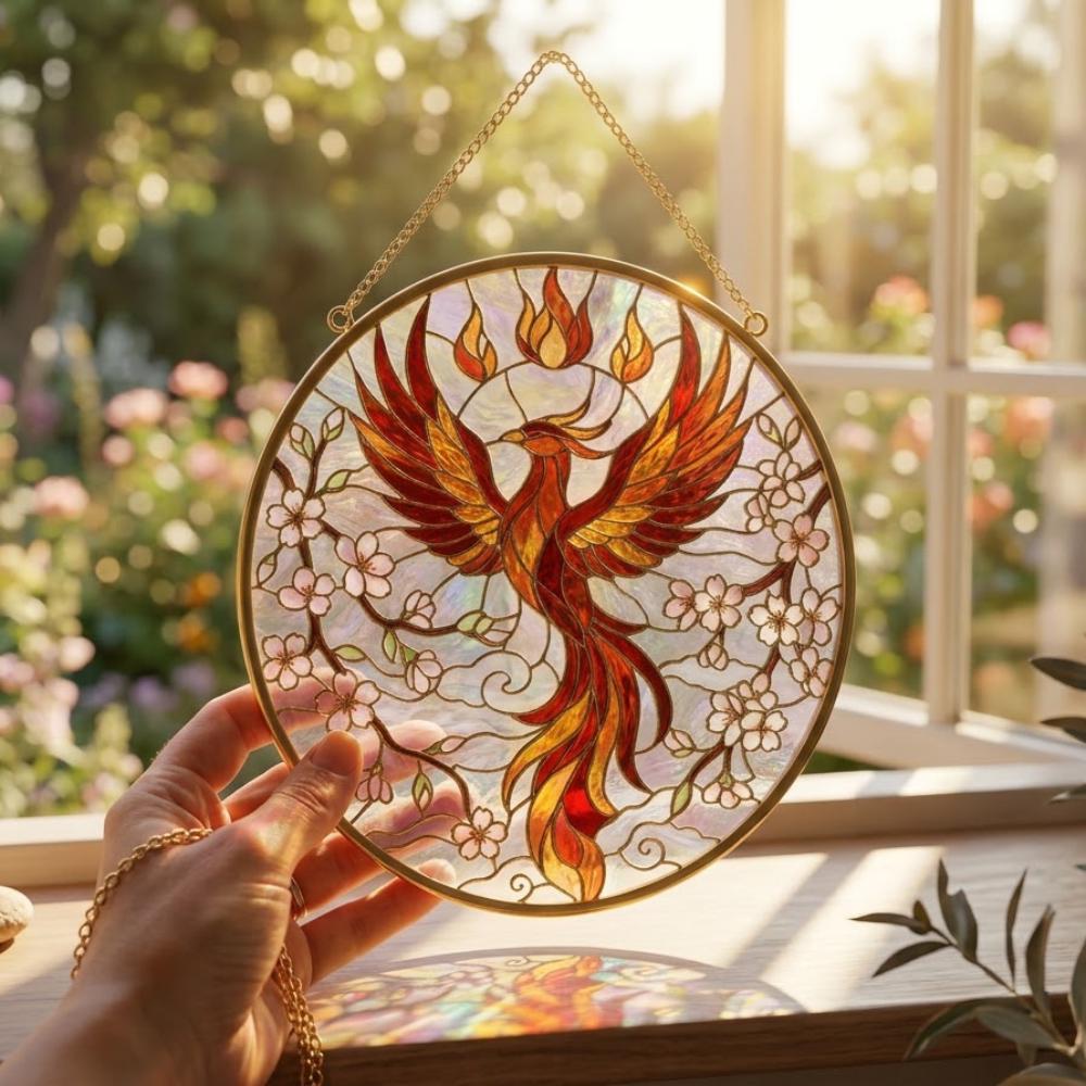 Phoenix Stained Glass Suncatcher, Cherry Blossom Firebird Window Hanging Art, Rebirth and Renewal Gift, Ornate Bird Decor for Home YB1603 - Media 4
