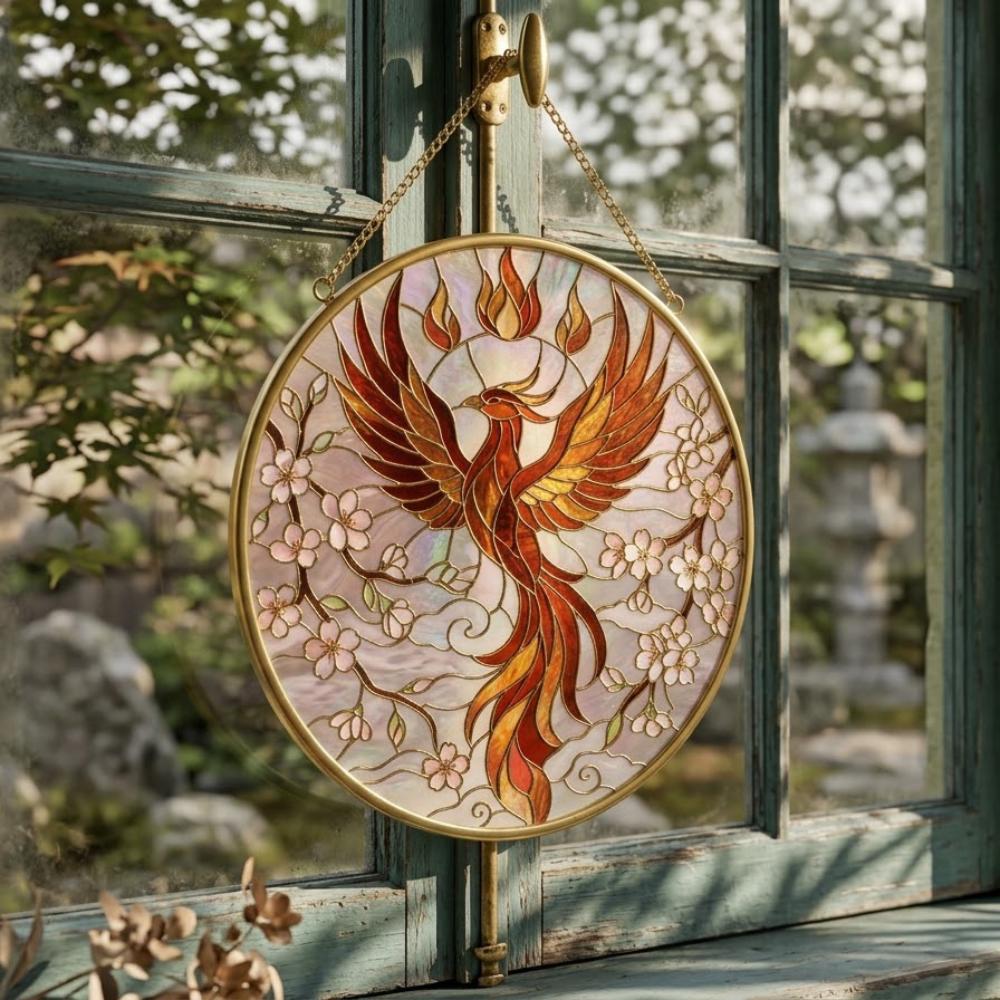 Phoenix Stained Glass Suncatcher, Cherry Blossom Firebird Window Hanging Art, Rebirth and Renewal Gift, Ornate Bird Decor for Home YB1603 - Media 5