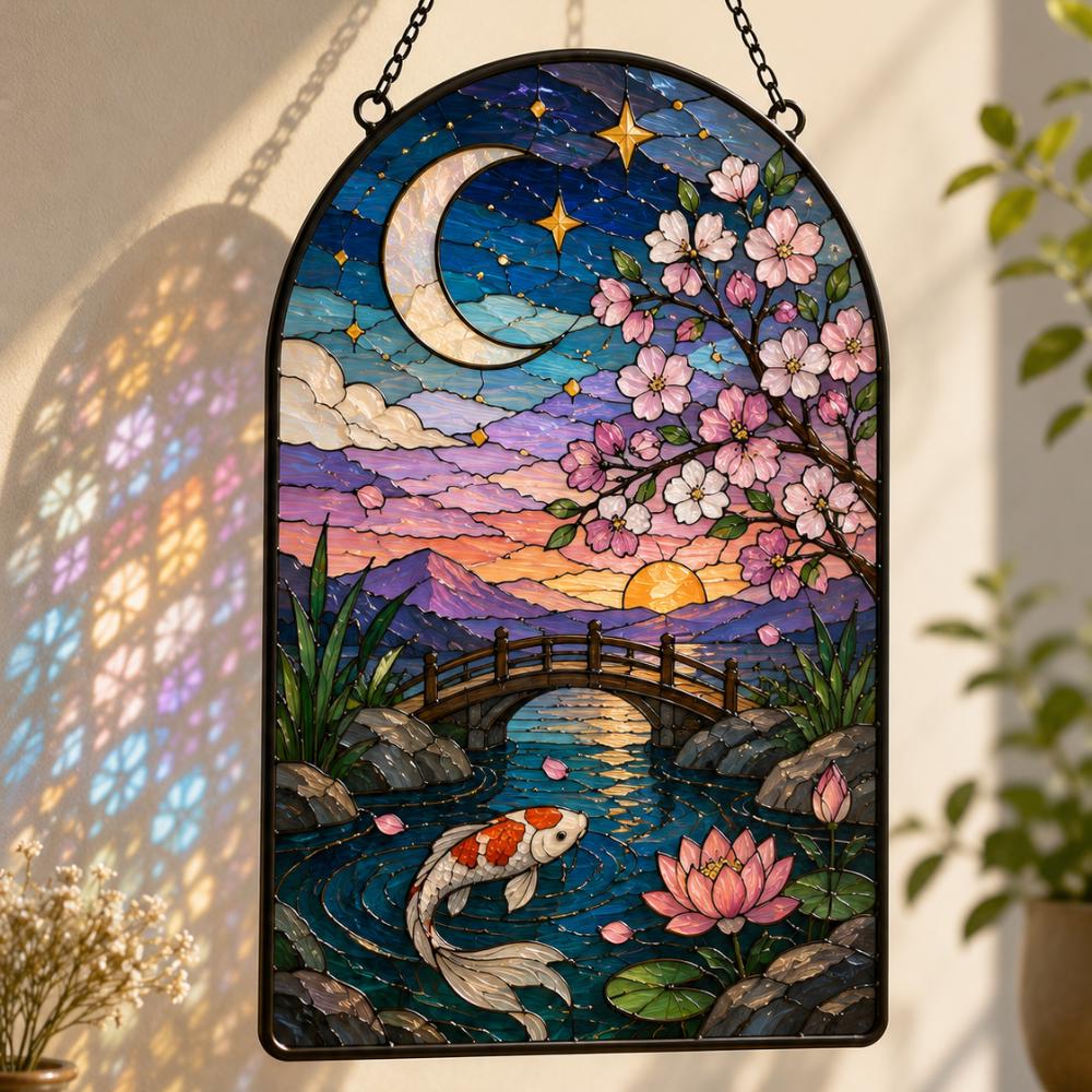 Moonlit Sakura and Koi Pond Stained Glass Suncatcher, Japanese Zen Garden Window Hanging, Celestial Lotus and Cherry Blossom Art YB1603