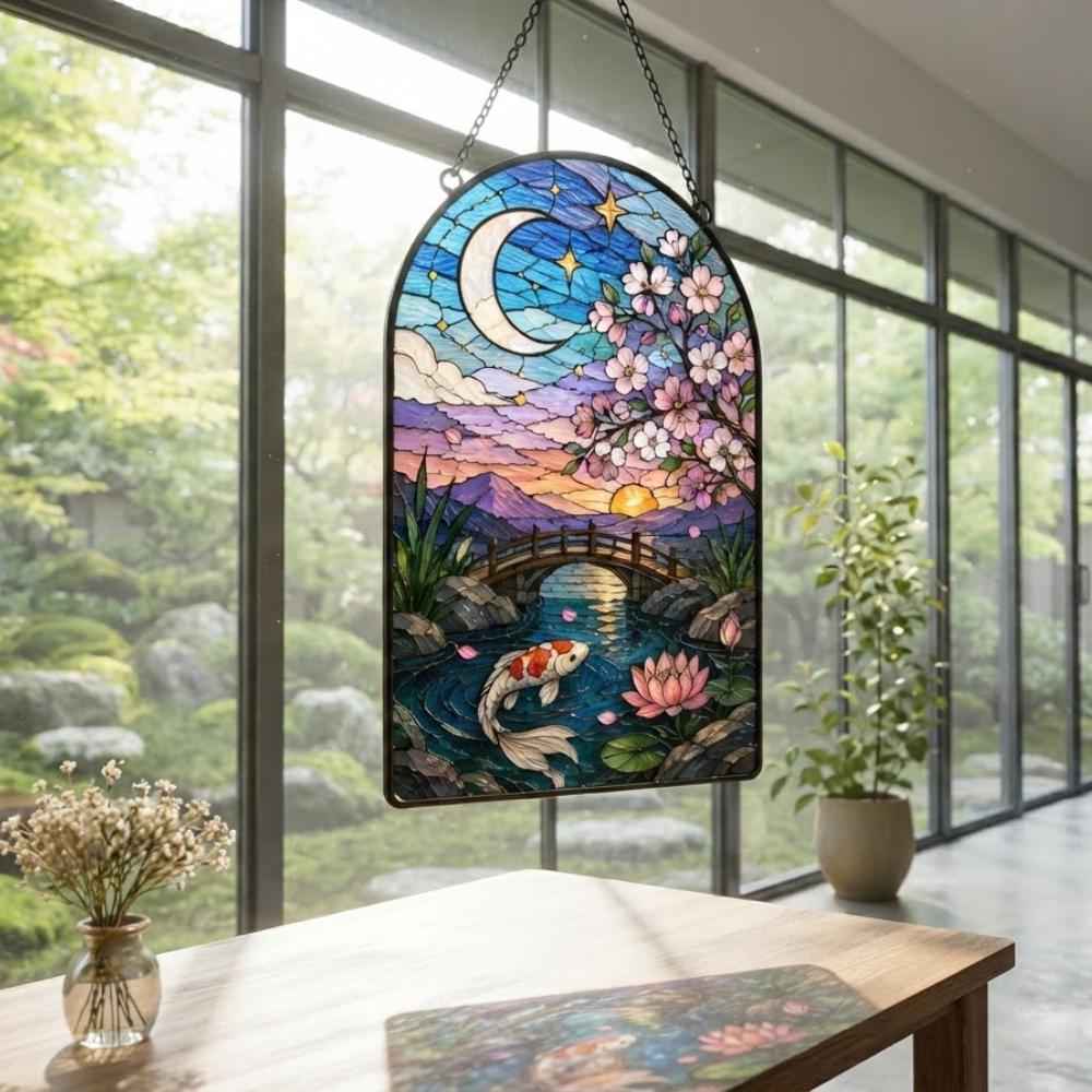 Moonlit Sakura and Koi Pond Stained Glass Suncatcher, Japanese Zen Garden Window Hanging, Celestial Lotus and Cherry Blossom Art YB1603 - Media 2