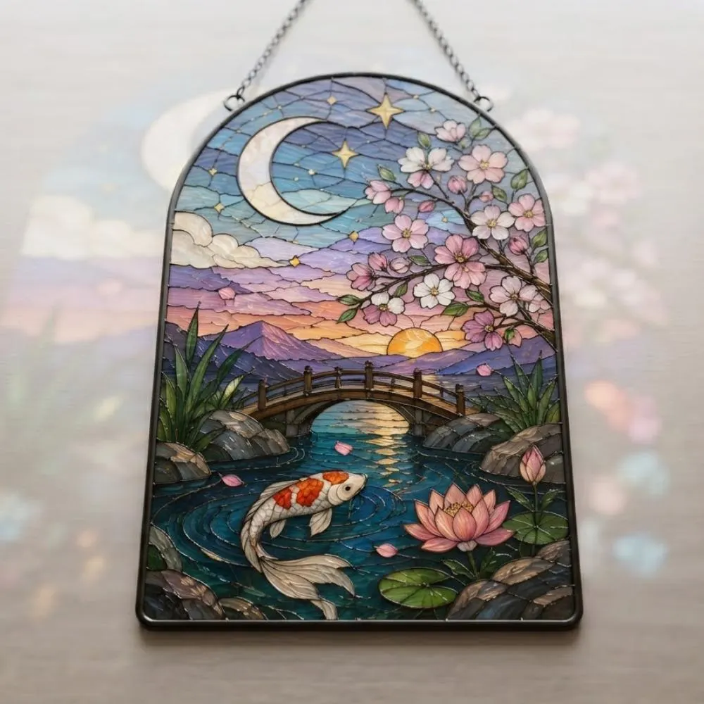 Moonlit Sakura and Koi Pond Stained Glass Suncatcher, Japanese Zen Garden Window Hanging, Celestial Lotus and Cherry Blossom Art YB1603 - Media 3