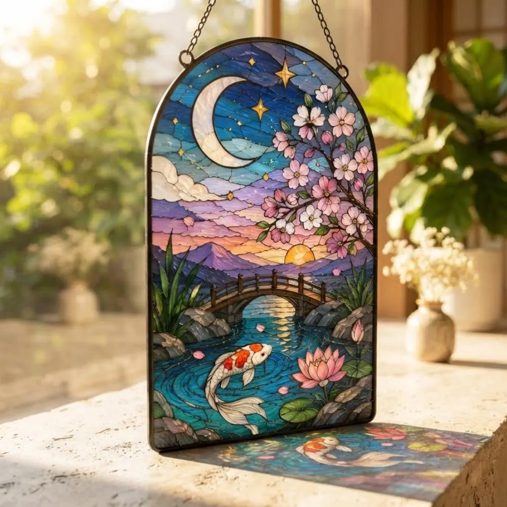 Moonlit Sakura and Koi Pond Stained Glass Suncatcher, Japanese Zen Garden Window Hanging, Celestial Lotus and Cherry Blossom Art YB1603 - Media 4