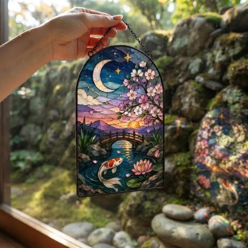 Moonlit Sakura and Koi Pond Stained Glass Suncatcher, Japanese Zen Garden Window Hanging, Celestial Lotus and Cherry Blossom Art YB1603 - Media 5