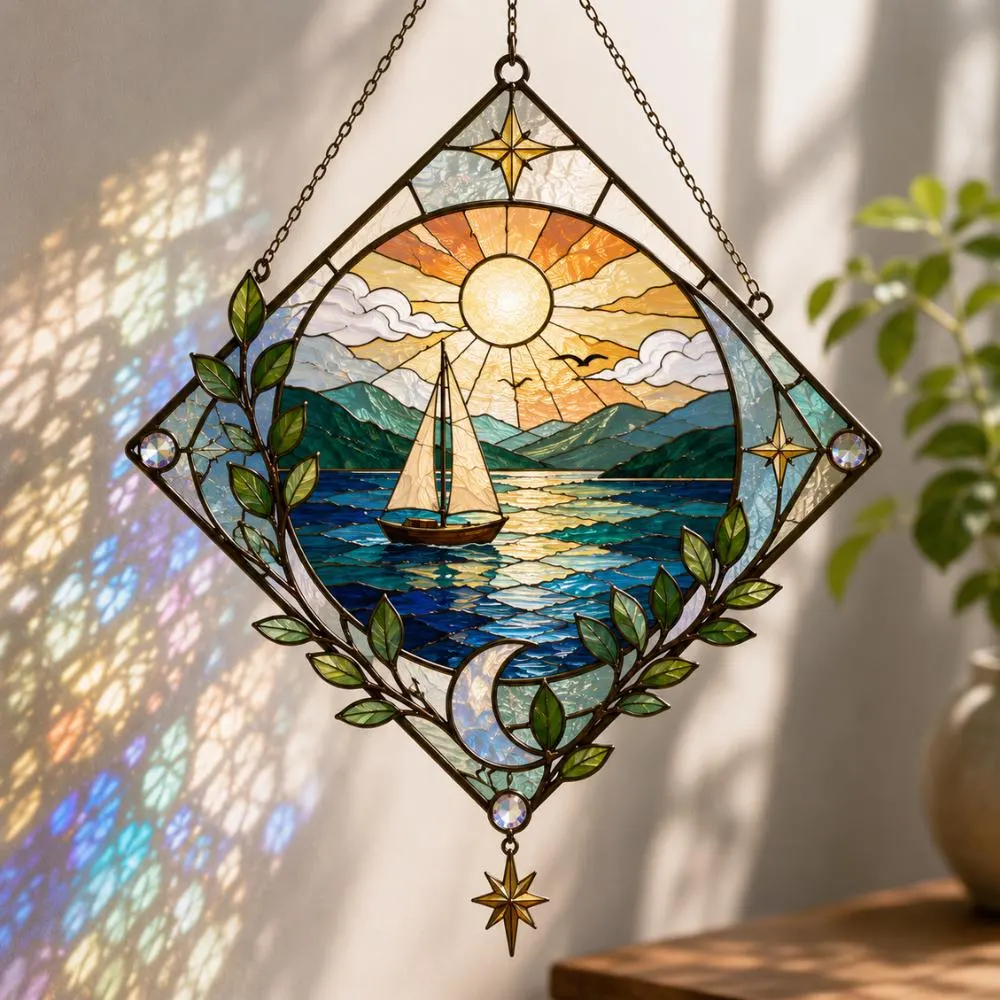 Stained Glass Sailboat Suncatcher, Sun and Moon Window Hanging, Nautical Ocean Wall Art, Mountain & Sea Home Decor YB1603