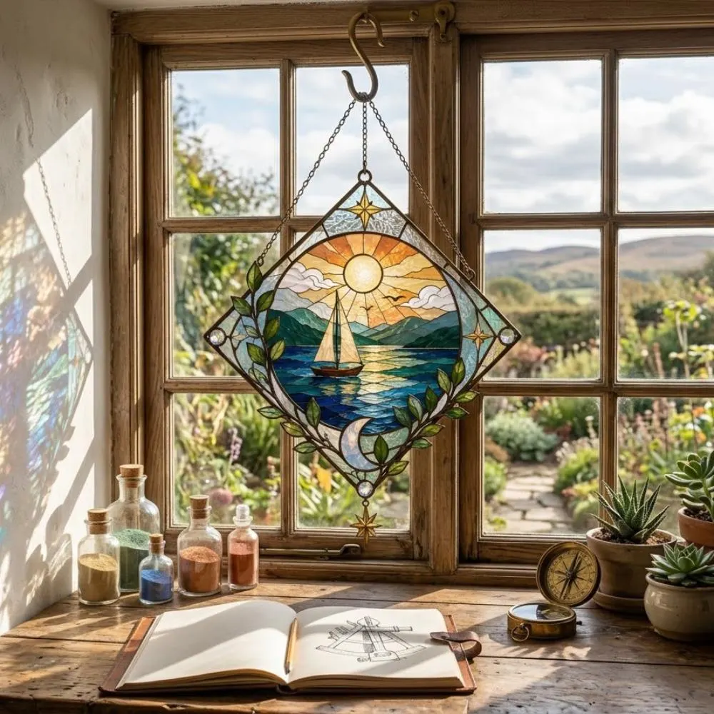 Stained Glass Sailboat Suncatcher, Sun and Moon Window Hanging, Nautical Ocean Wall Art, Mountain & Sea Home Decor YB1603 - Media 2