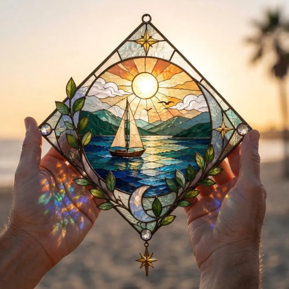 Stained Glass Sailboat Suncatcher, Sun and Moon Window Hanging, Nautical Ocean Wall Art, Mountain & Sea Home Decor YB1603 - Media 3