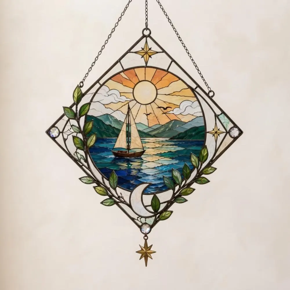 Stained Glass Sailboat Suncatcher, Sun and Moon Window Hanging, Nautical Ocean Wall Art, Mountain & Sea Home Decor YB1603 - Media 4