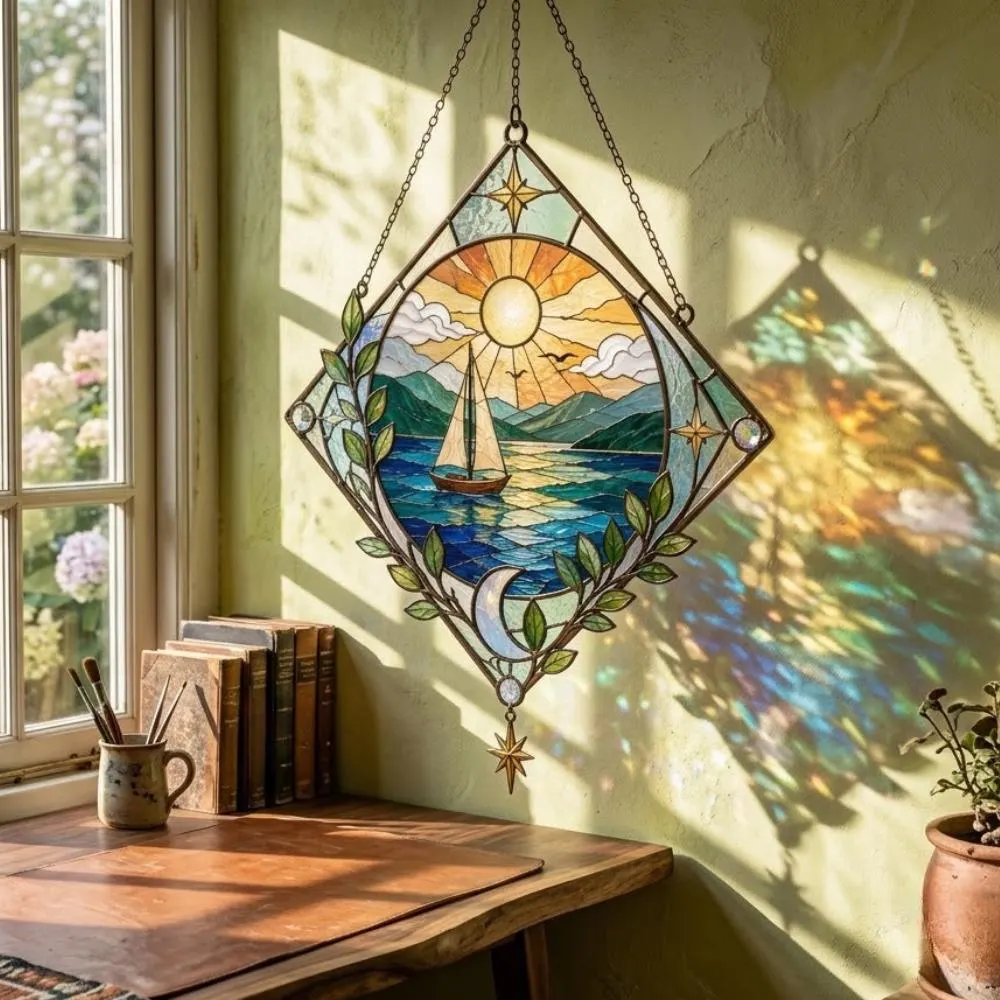Stained Glass Sailboat Suncatcher, Sun and Moon Window Hanging, Nautical Ocean Wall Art, Mountain & Sea Home Decor YB1603 - Media 5