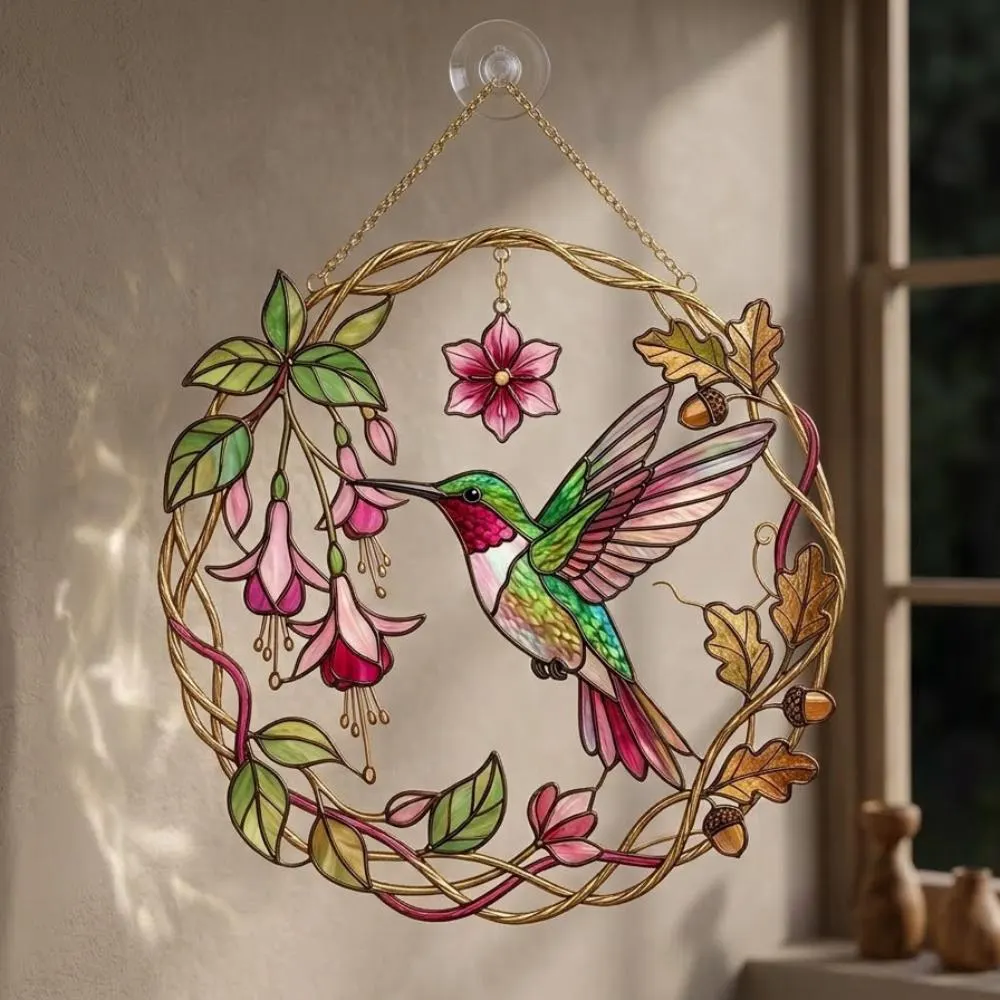 Hummingbird Suncatcher, Stained Glass Window Hanging, Fuchsia Flower Decor, Bird Lover Gift, Garden Wall Art YB1603