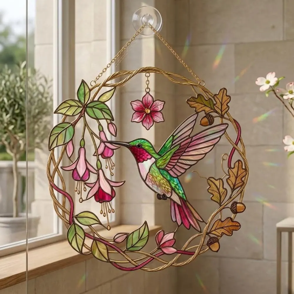 Hummingbird Suncatcher, Stained Glass Window Hanging, Fuchsia Flower Decor, Bird Lover Gift, Garden Wall Art YB1603 - Media 2