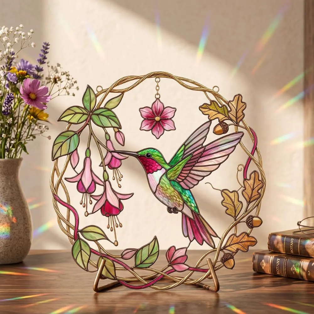 Hummingbird Suncatcher, Stained Glass Window Hanging, Fuchsia Flower Decor, Bird Lover Gift, Garden Wall Art YB1603 - Media 3