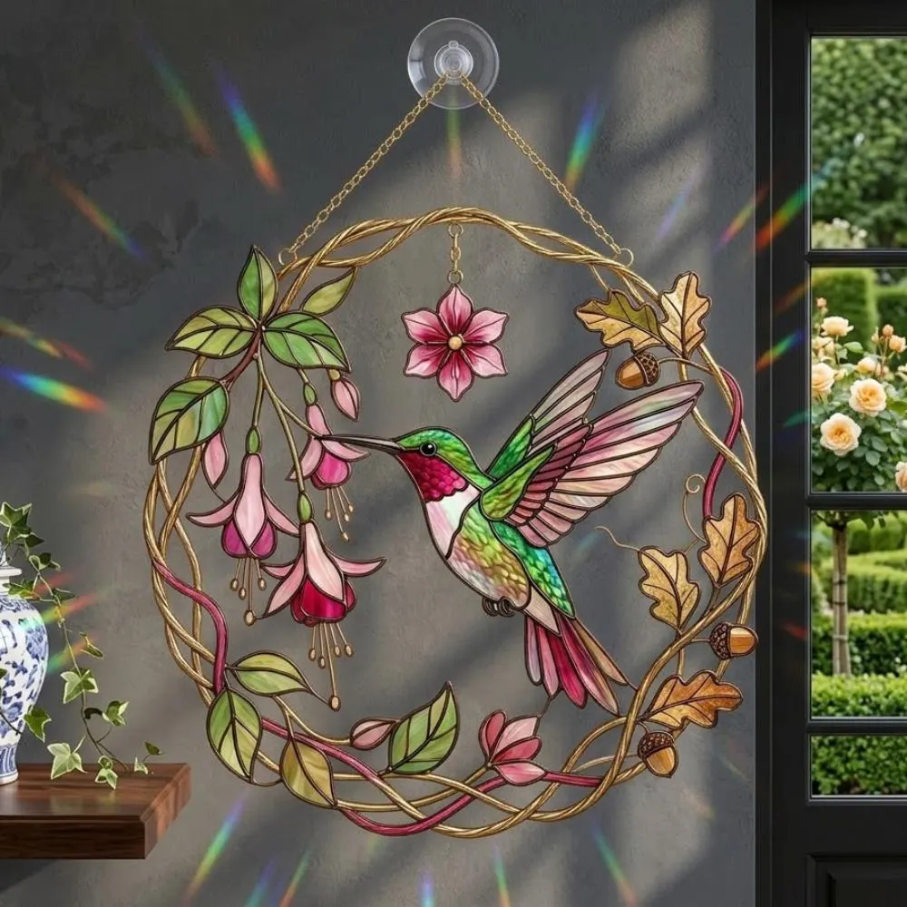 Hummingbird Suncatcher, Stained Glass Window Hanging, Fuchsia Flower Decor, Bird Lover Gift, Garden Wall Art YB1603 - Media 5