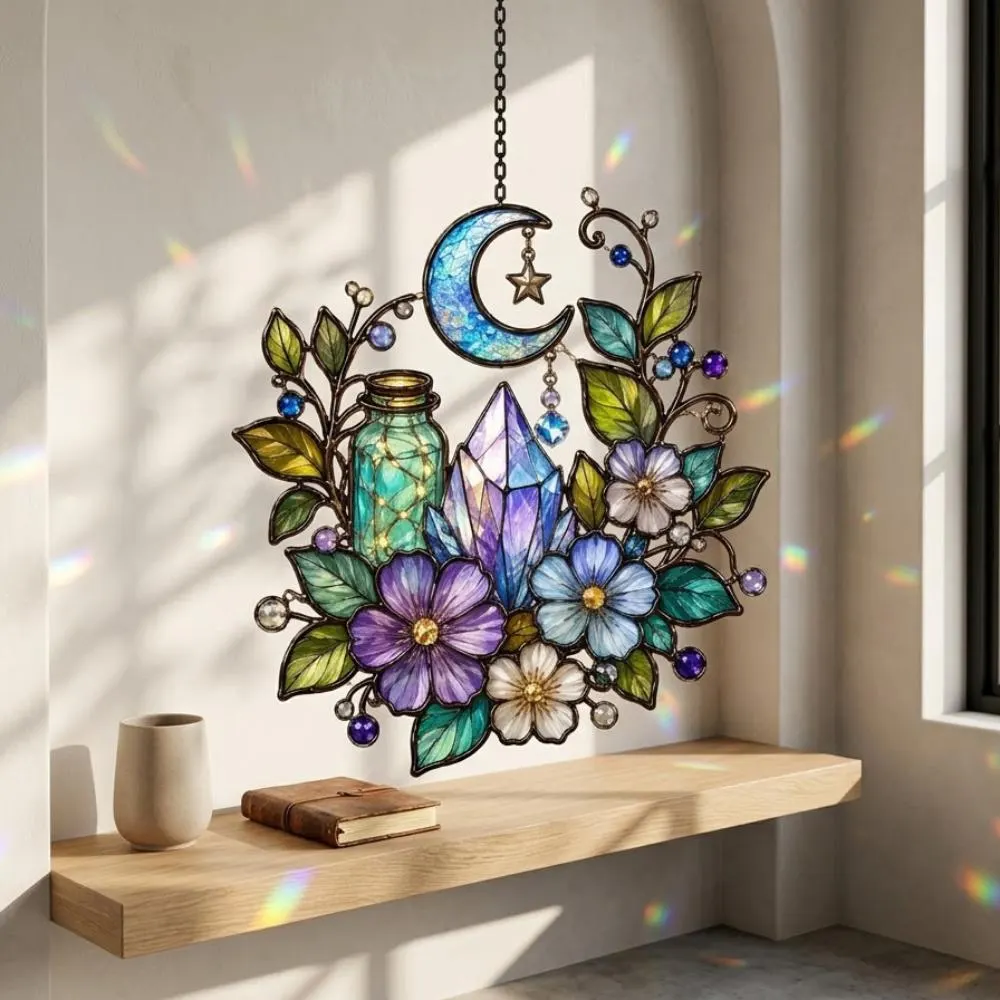 Celestial Moon Suncatcher, Amethyst Crystal Window Hanging, Mystical Garden Decor, Witchy Magic Jar Art, Rainbow Maker YB1603