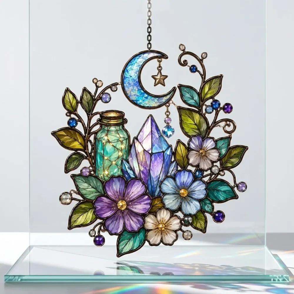 Celestial Moon Suncatcher, Amethyst Crystal Window Hanging, Mystical Garden Decor, Witchy Magic Jar Art, Rainbow Maker YB1603 - Media 2
