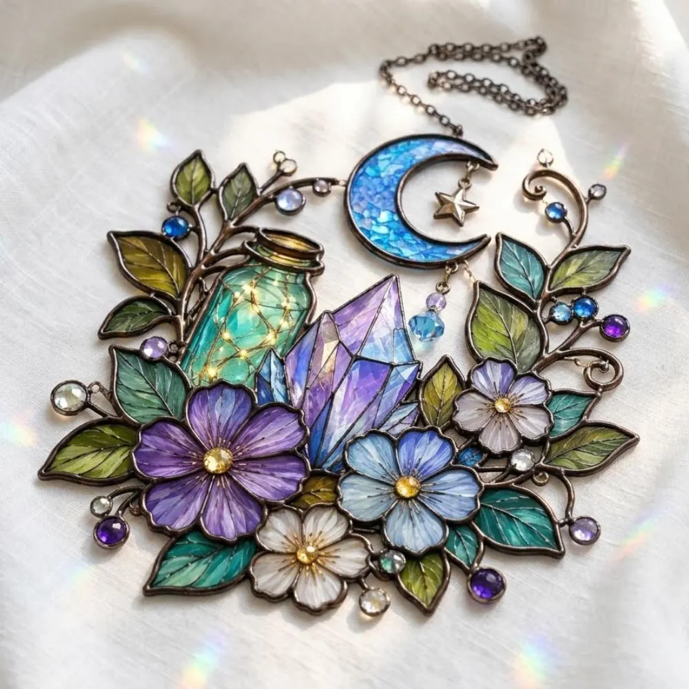 Celestial Moon Suncatcher, Amethyst Crystal Window Hanging, Mystical Garden Decor, Witchy Magic Jar Art, Rainbow Maker YB1603 - Media 3
