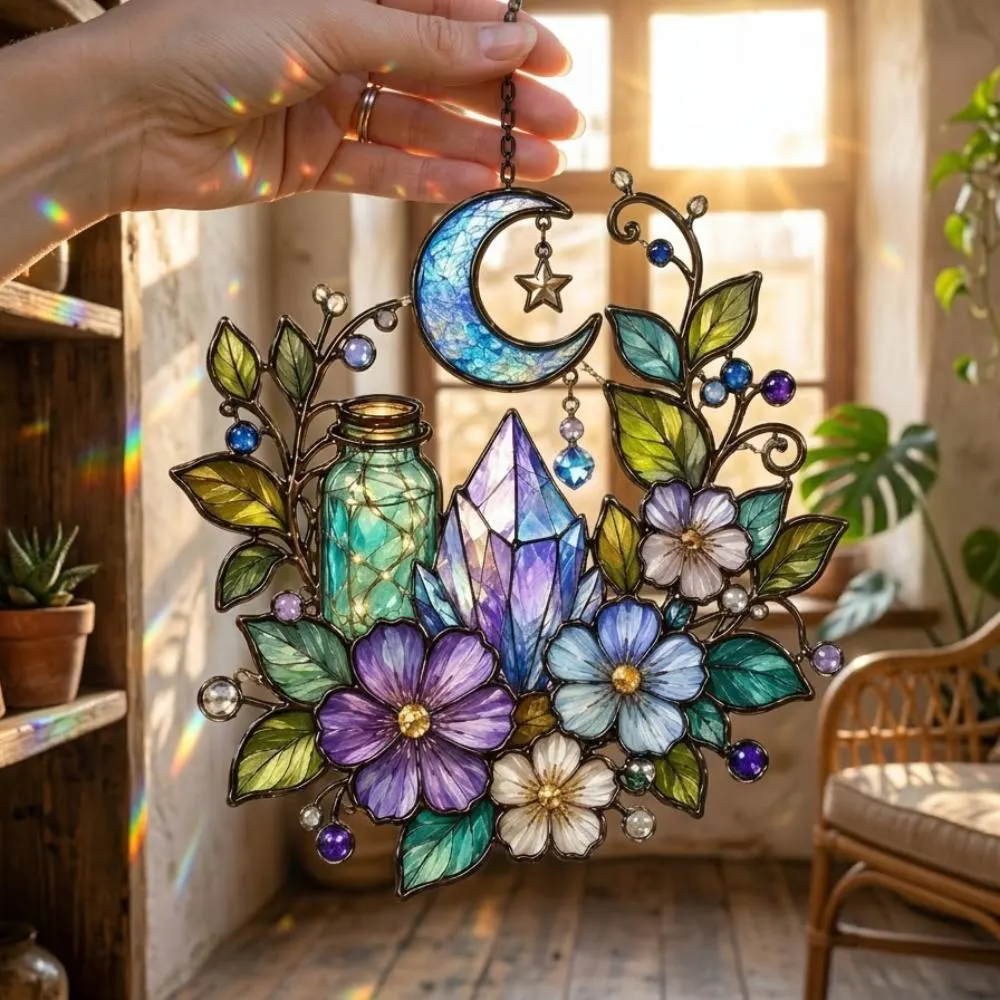 Celestial Moon Suncatcher, Amethyst Crystal Window Hanging, Mystical Garden Decor, Witchy Magic Jar Art, Rainbow Maker YB1603 - Media 5