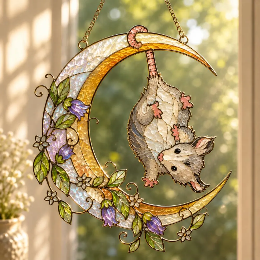Whimsical Opossum Moon Suncatcher, Stained Glass Style Window Hanging, Celestial Possum Decor, Floral Moon Art YB1603