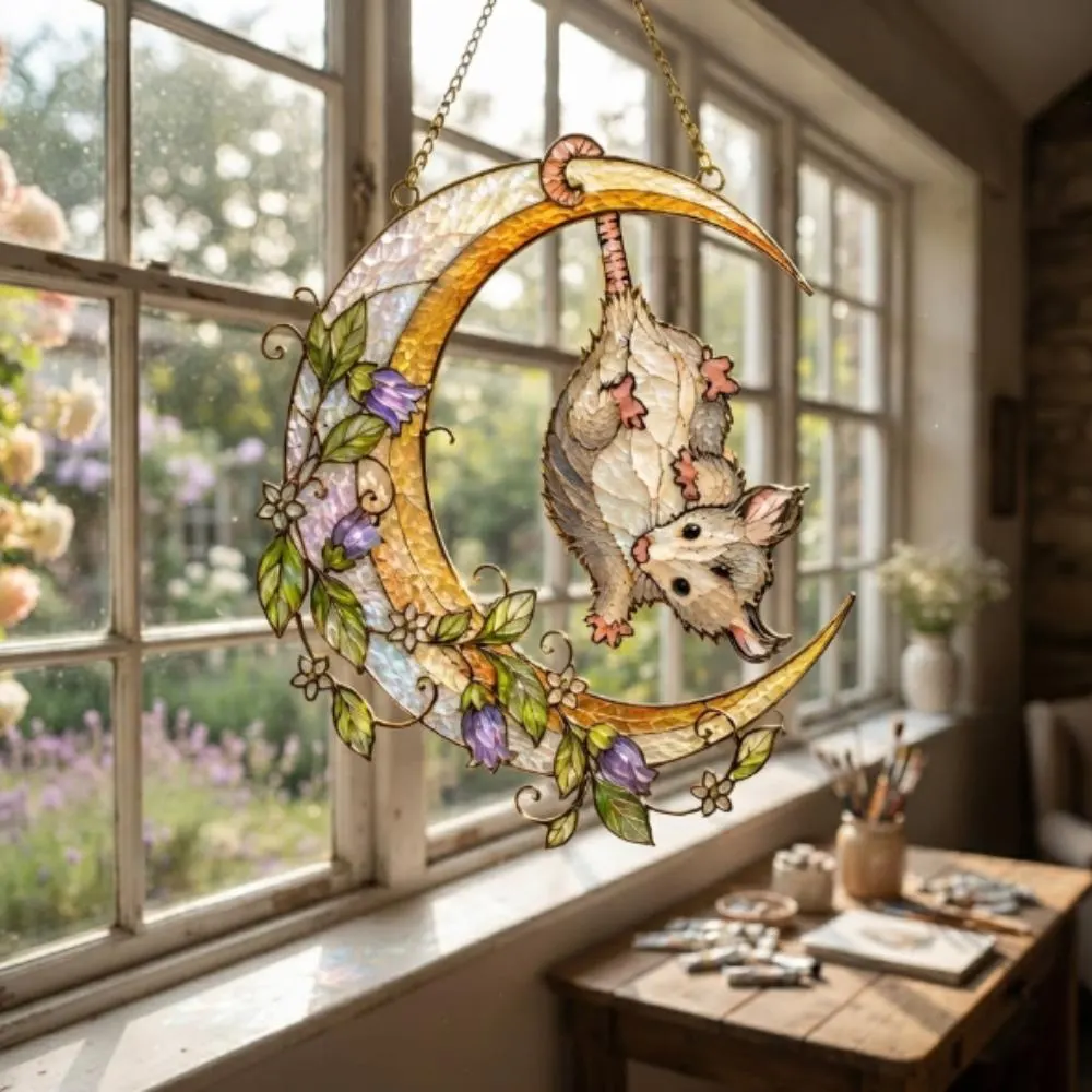 Whimsical Opossum Moon Suncatcher, Stained Glass Style Window Hanging, Celestial Possum Decor, Floral Moon Art YB1603 - Media 2