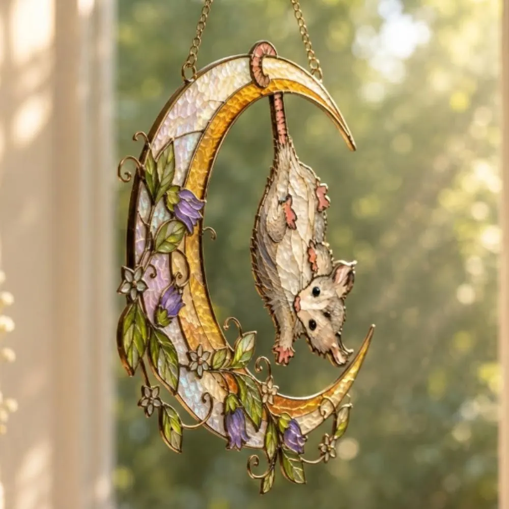 Whimsical Opossum Moon Suncatcher, Stained Glass Style Window Hanging, Celestial Possum Decor, Floral Moon Art YB1603 - Media 3
