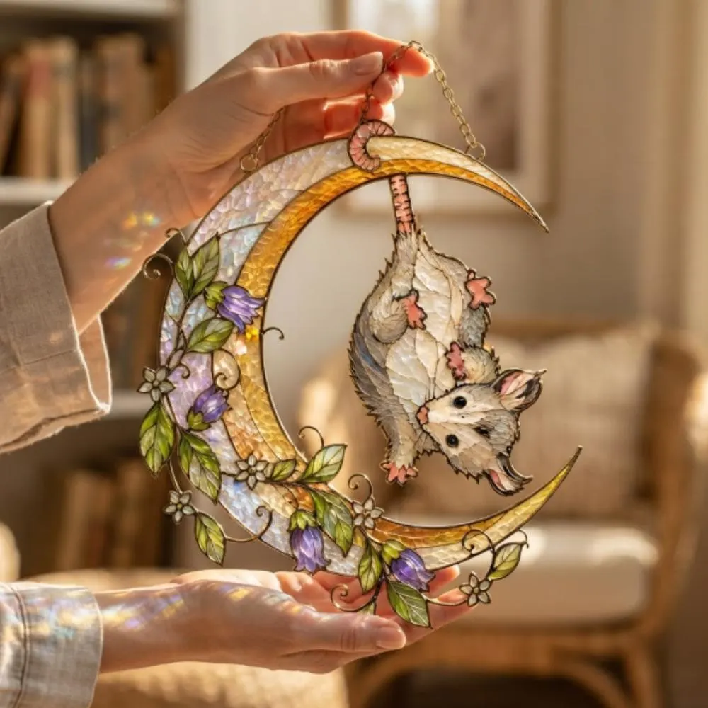Whimsical Opossum Moon Suncatcher, Stained Glass Style Window Hanging, Celestial Possum Decor, Floral Moon Art YB1603 - Media 4