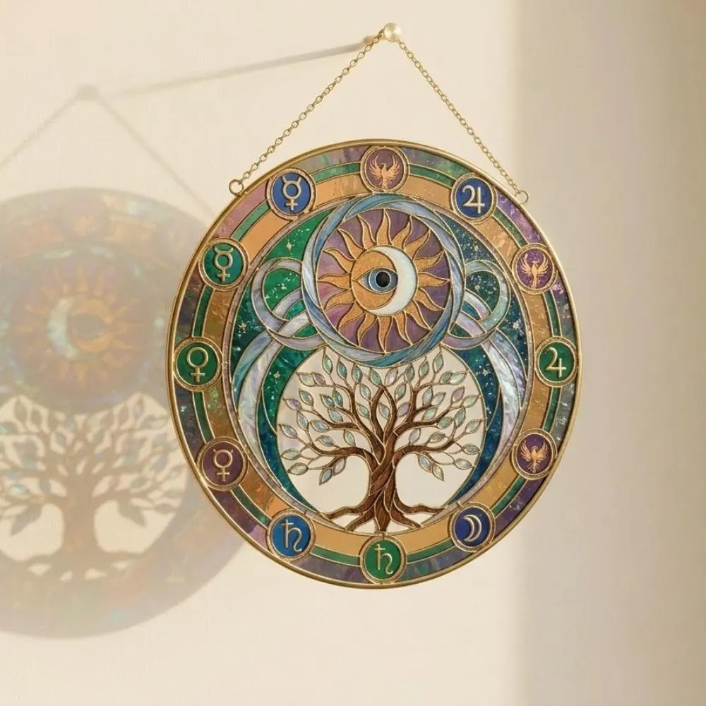 Tree of Life Celestial Suncatcher, Zodiac Astrology Wheel Window Hanging, Sun and Moon Alchemical Art, Witchy Spiritual Gift YB1603