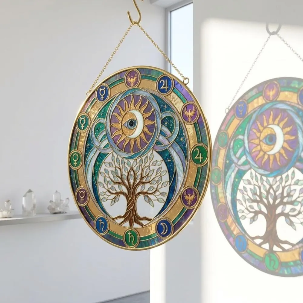 Tree of Life Celestial Suncatcher, Zodiac Astrology Wheel Window Hanging, Sun and Moon Alchemical Art, Witchy Spiritual Gift YB1603 - Media 2