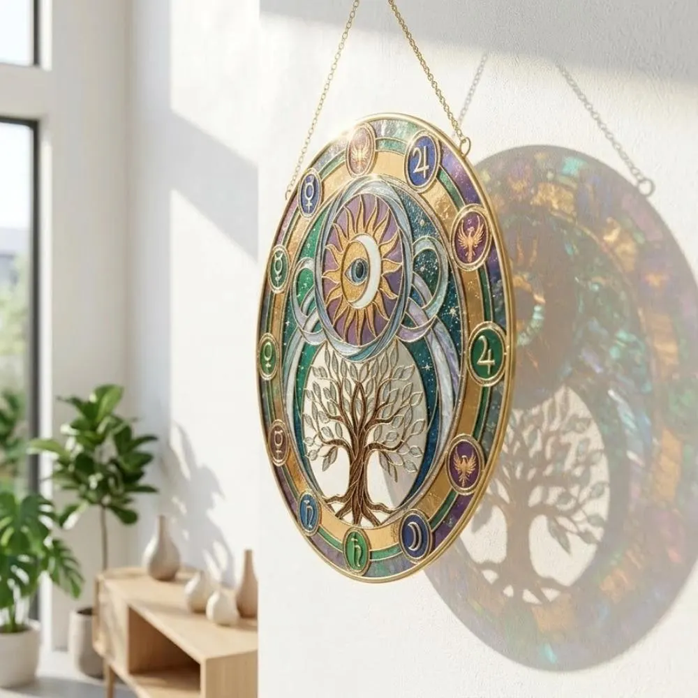 Tree of Life Celestial Suncatcher, Zodiac Astrology Wheel Window Hanging, Sun and Moon Alchemical Art, Witchy Spiritual Gift YB1603 - Media 4