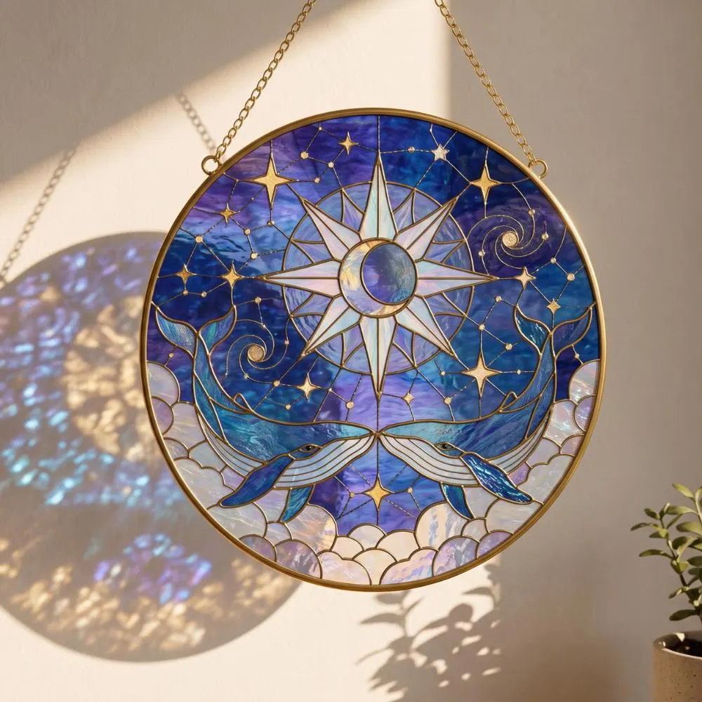 Double Whale Celestial Suncatcher, Compass Rose and Moon Window Hanging, Whale Lover Gift, Soulmate Anniversary Art YB1603