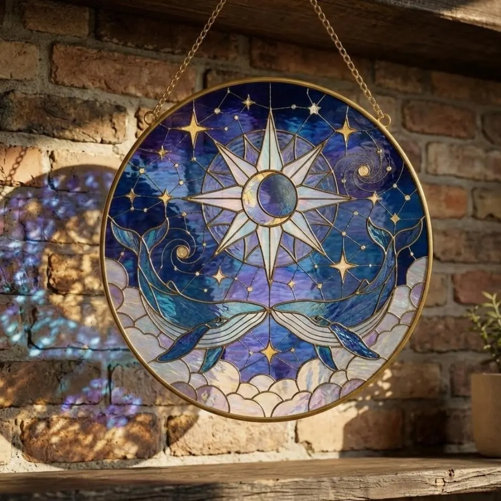 Double Whale Celestial Suncatcher, Compass Rose and Moon Window Hanging, Whale Lover Gift, Soulmate Anniversary Art YB1603 - Media 2