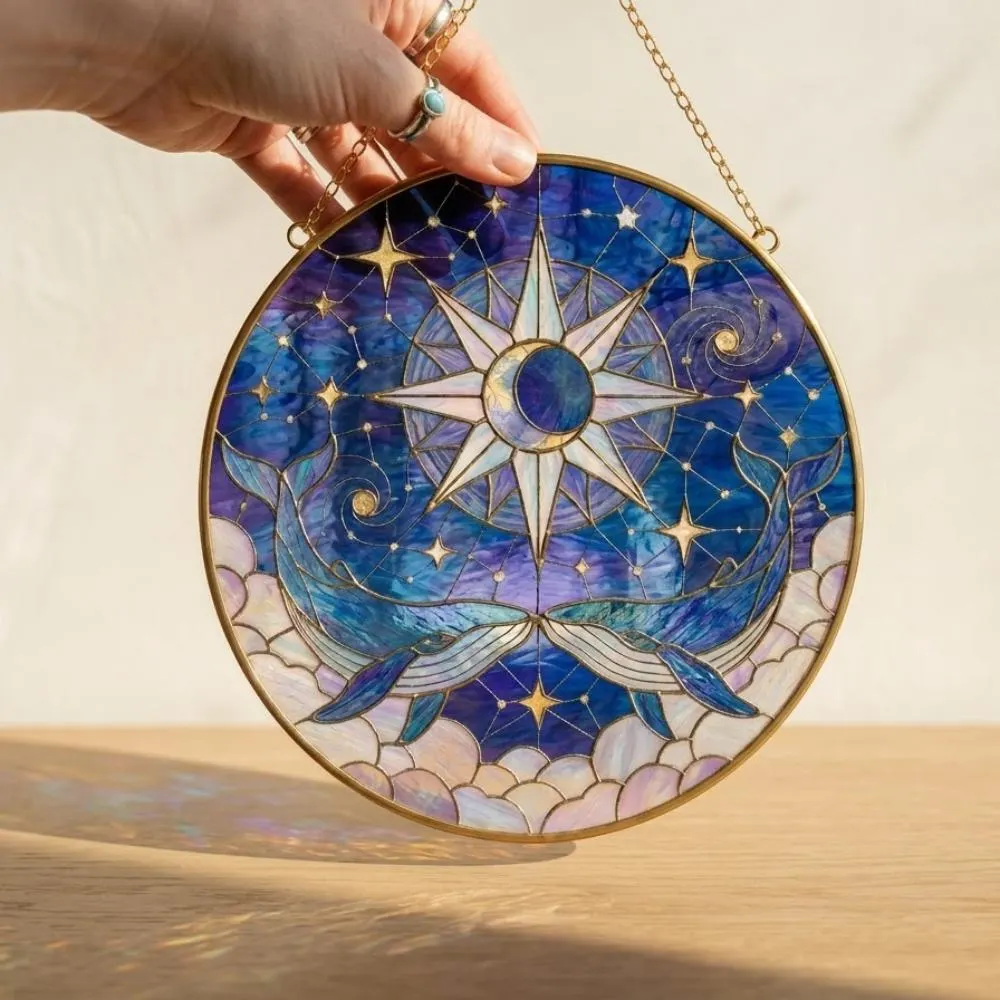 Double Whale Celestial Suncatcher, Compass Rose and Moon Window Hanging, Whale Lover Gift, Soulmate Anniversary Art YB1603 - Media 3