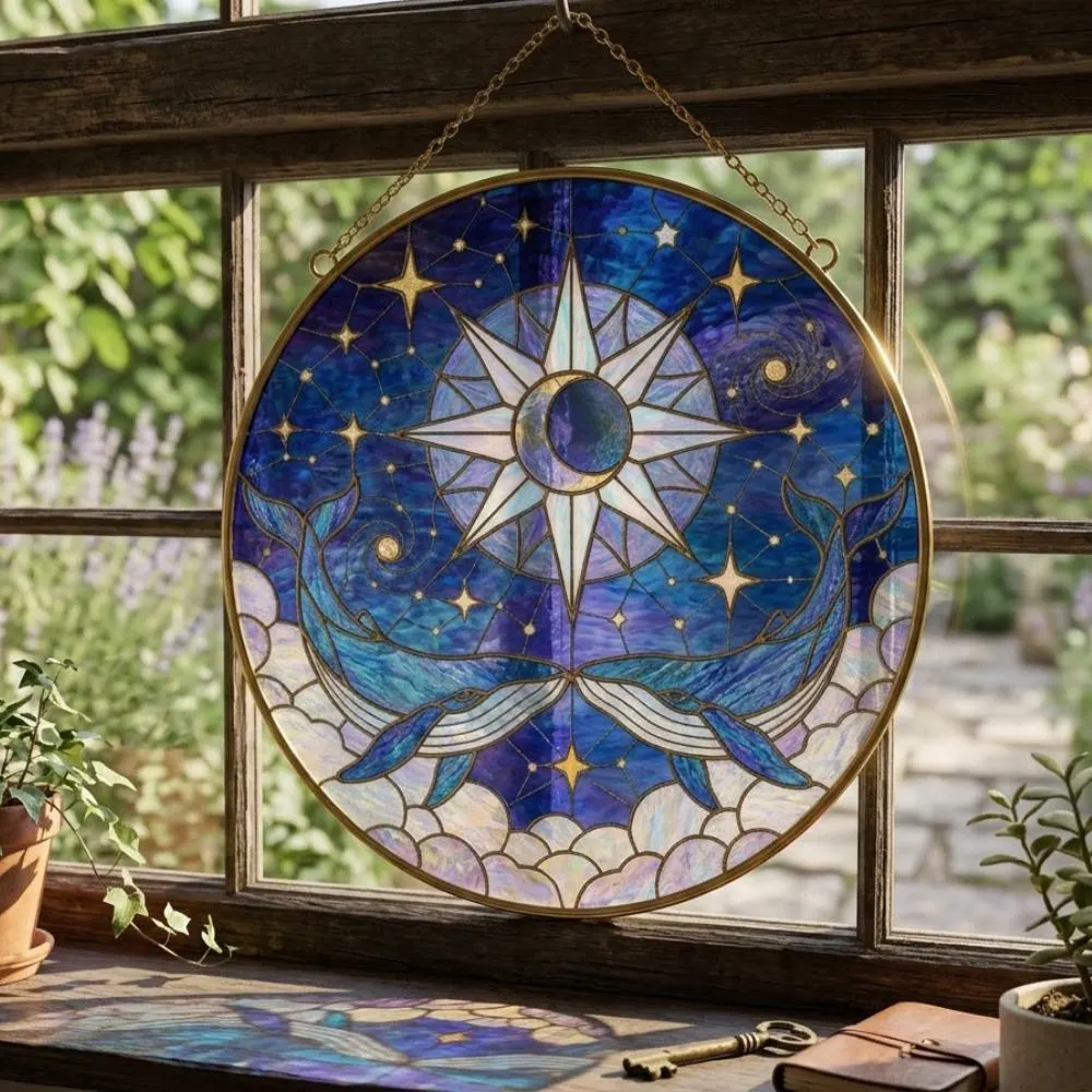 Double Whale Celestial Suncatcher, Compass Rose and Moon Window Hanging, Whale Lover Gift, Soulmate Anniversary Art YB1603 - Media 4