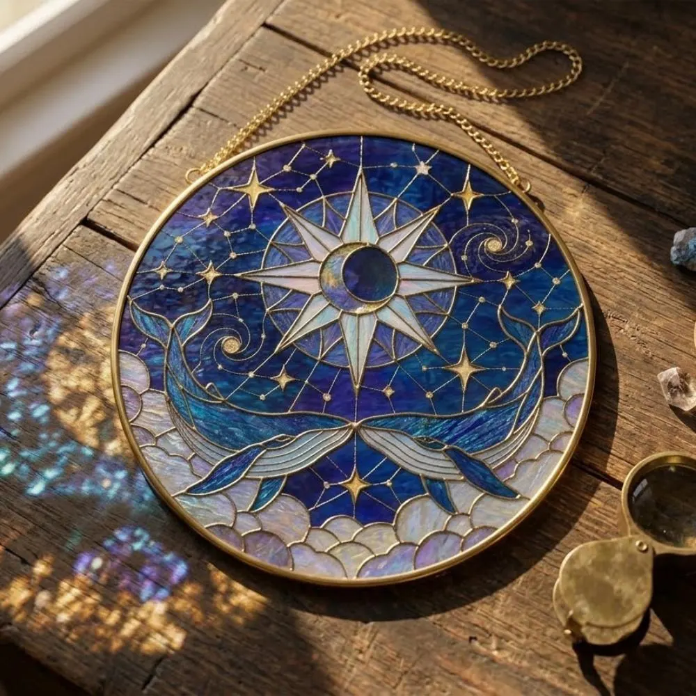 Double Whale Celestial Suncatcher, Compass Rose and Moon Window Hanging, Whale Lover Gift, Soulmate Anniversary Art YB1603 - Media 5