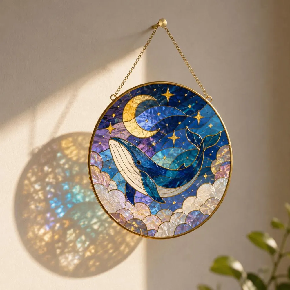 Celestial Whale Stained Glass Suncatcher, Blue Whale Moon and Stars Window Hanging, Whimsical Nursery Decor, Whale Lover Gift YB1603