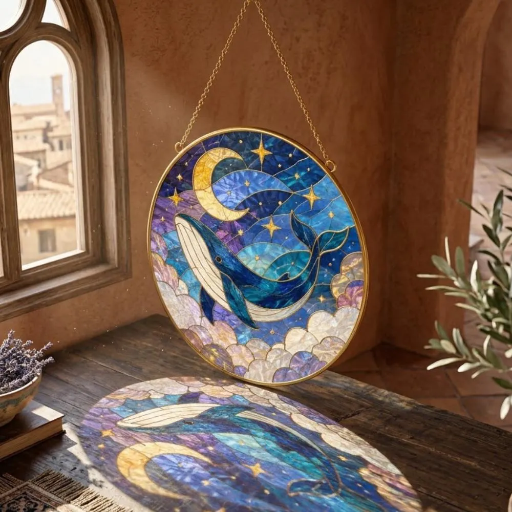 Celestial Whale Stained Glass Suncatcher, Blue Whale Moon and Stars Window Hanging, Whimsical Nursery Decor, Whale Lover Gift YB1603 - Media 2