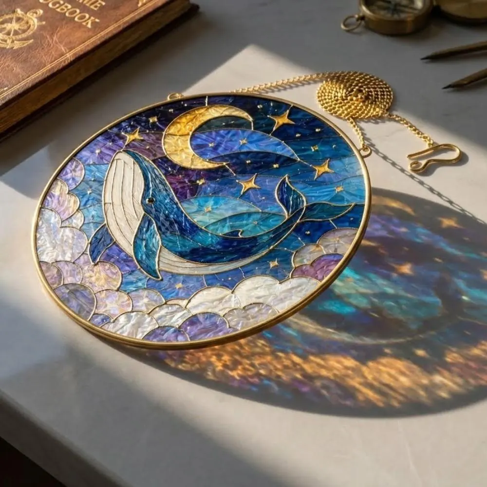 Celestial Whale Stained Glass Suncatcher, Blue Whale Moon and Stars Window Hanging, Whimsical Nursery Decor, Whale Lover Gift YB1603 - Media 3