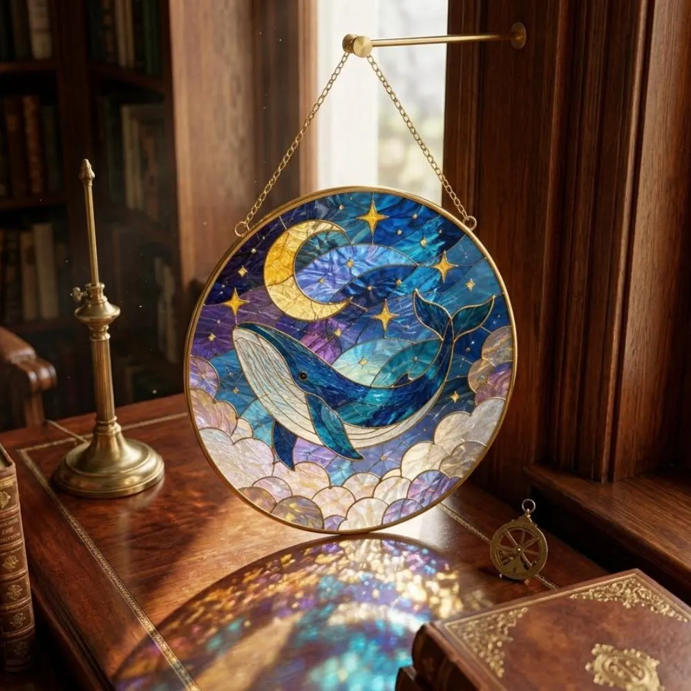 Celestial Whale Stained Glass Suncatcher, Blue Whale Moon and Stars Window Hanging, Whimsical Nursery Decor, Whale Lover Gift YB1603 - Media 4