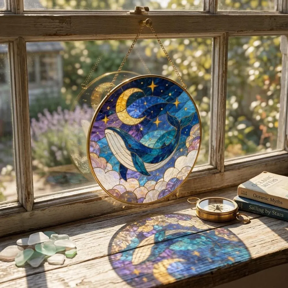 Celestial Whale Stained Glass Suncatcher, Blue Whale Moon and Stars Window Hanging, Whimsical Nursery Decor, Whale Lover Gift YB1603 - Media 5