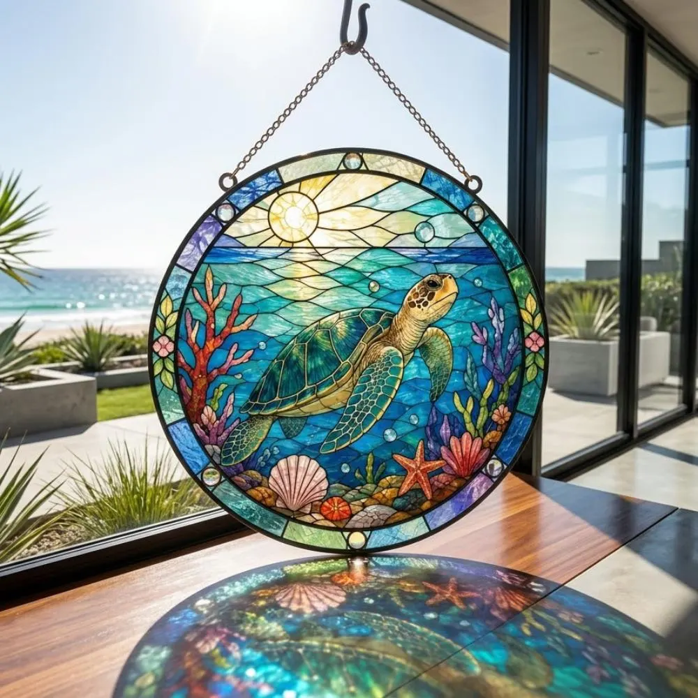 Sea Turtle Stained Glass Suncatcher, Ocean Coral Reef Window Hanging, Coastal Beach House Decor, Sea Life Lover Gift YB1603