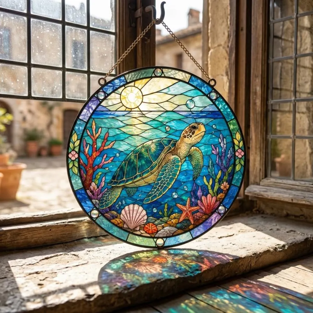 Sea Turtle Stained Glass Suncatcher, Ocean Coral Reef Window Hanging, Coastal Beach House Decor, Sea Life Lover Gift YB1603 - Media 2