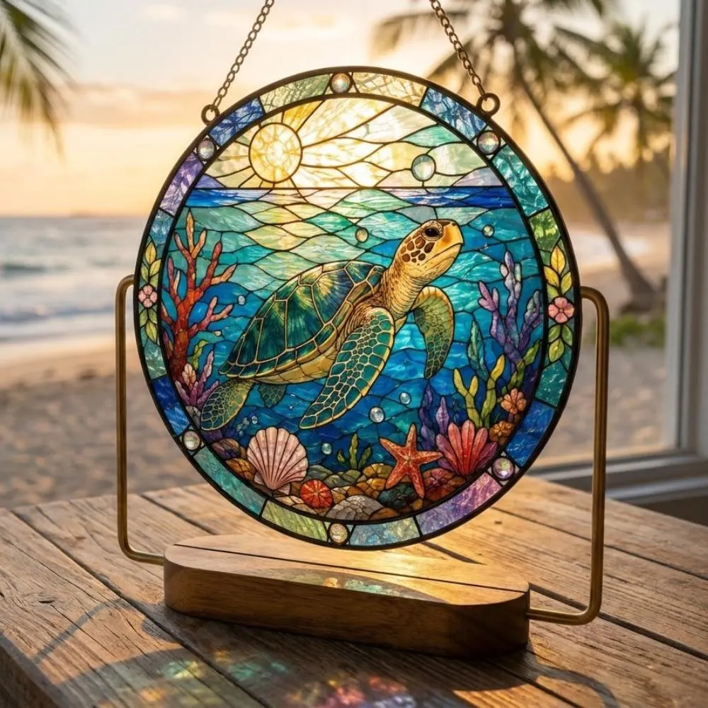 Sea Turtle Stained Glass Suncatcher, Ocean Coral Reef Window Hanging, Coastal Beach House Decor, Sea Life Lover Gift YB1603 - Media 3